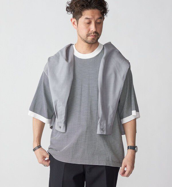 SHIPS「SHIPS: 16ゲージ コットン ボーダー ライト ニットTシャツ」|ニット・セーター|オフホワイト