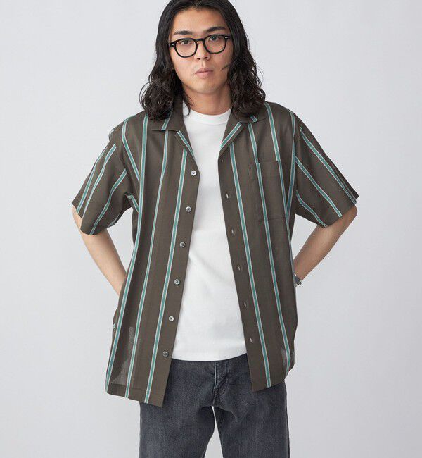 SHIPS「SHIPS: シルケット ラッセル ストライプ オープンカラー シャツ」|シャツ・ブラウス|オリーブ