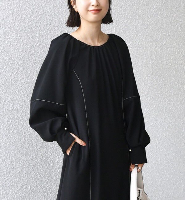 SHIPS for women「* 〈洗濯機可能 / セレモニー対応可〉ステッチ ショルダー タック ワンピース ◇」|ワンピース|ブラック