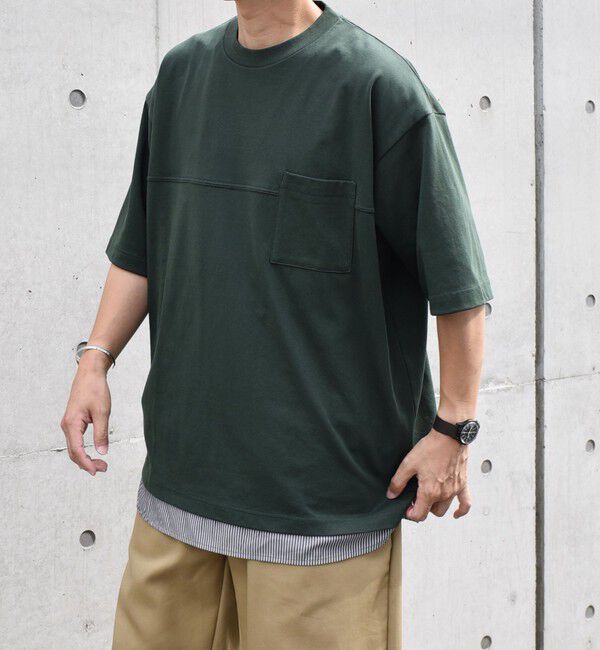 SHIPS any「SHIPS any: バックメッシュ / ストライプシャツ ドッキング フェイクレイヤード ポケット Tシャツ◇」|Tシャツ・カットソー|グリーン