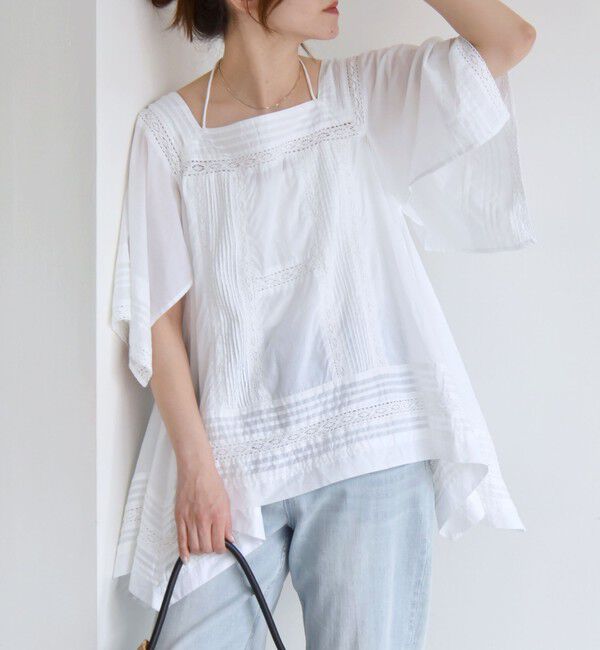 quaranciel「quaranciel:〈洗濯機可能〉コットン レース ライン スクエア ネック ブラウス」|シャツ・ブラウス|ホワイト