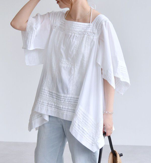 quaranciel「quaranciel:〈洗濯機可能〉コットン レース ライン スクエア ネック ブラウス」|シャツ・ブラウス|