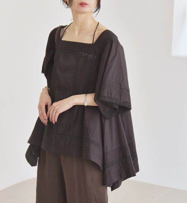 quaranciel「quaranciel:〈洗濯機可能〉コットン レース ライン スクエア ネック ブラウス」|シャツ・ブラウス|ブラック