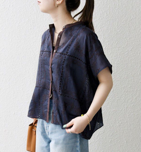 SHIPS any「SHIPS any:〈手洗い可能〉エンブロイダリー レース シアー フレンチスリーブ シャツ」|シャツ・ブラウス|