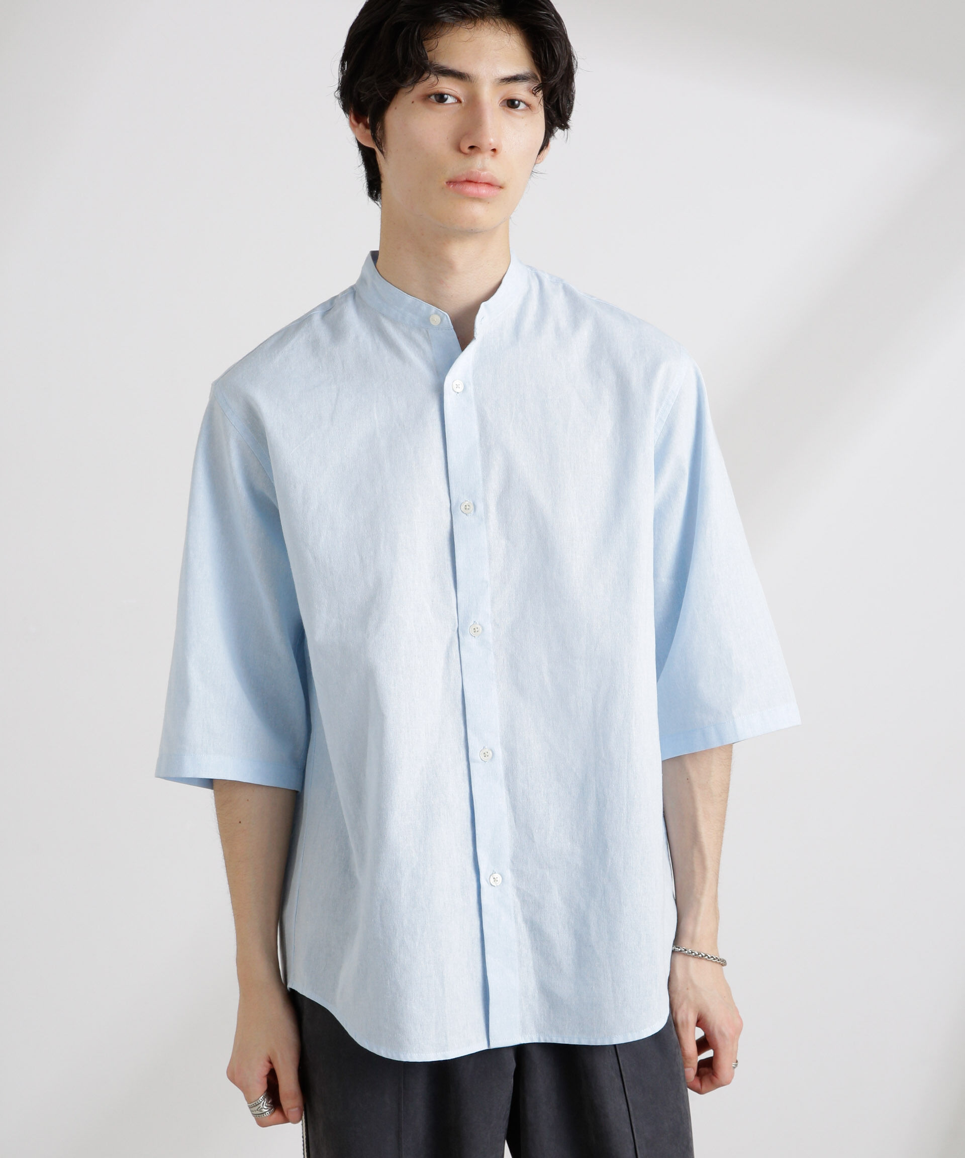 nano･universe「クールマックスリネンバンドカラー7分袖」|シャツ・ブラウス|