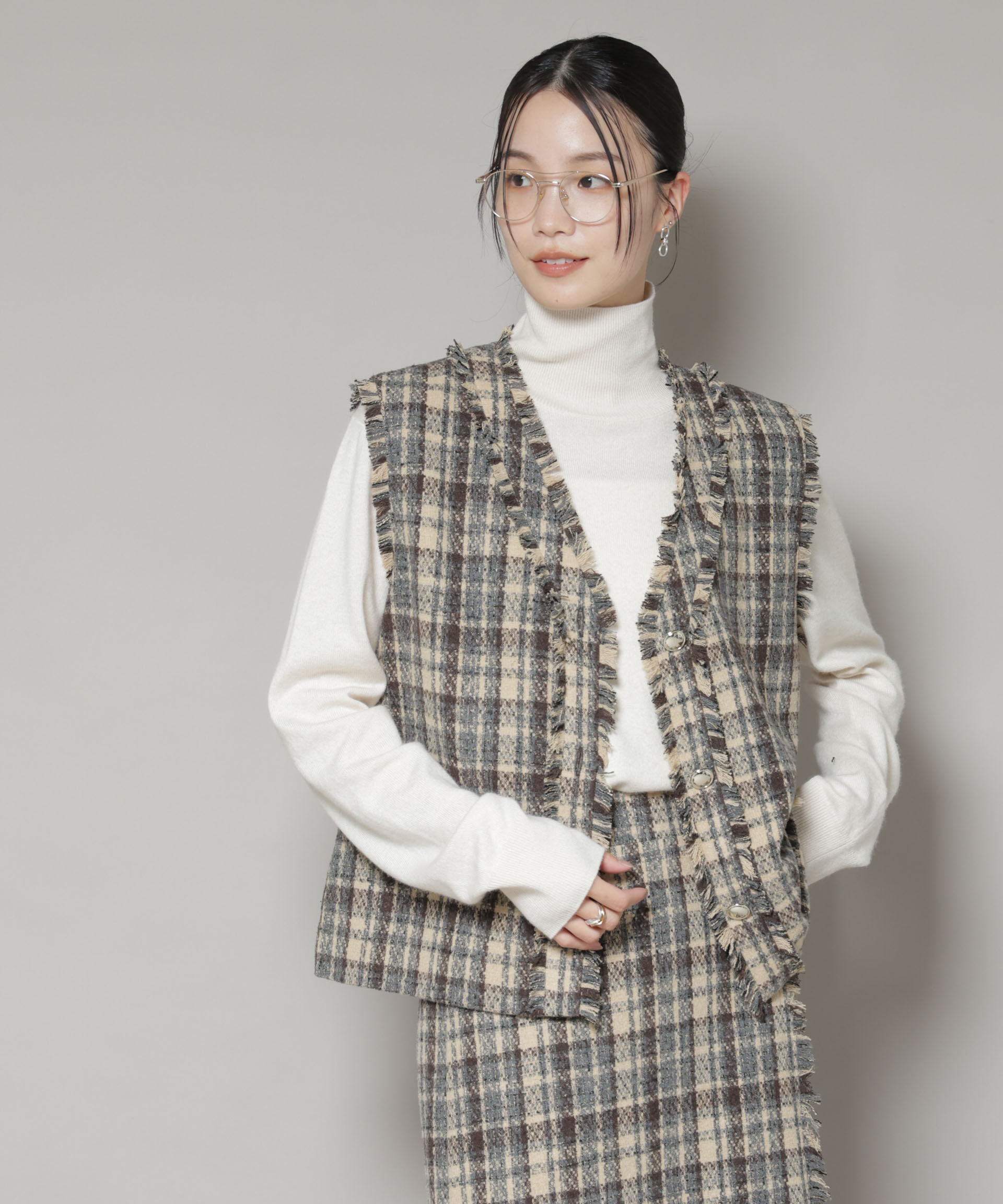 nano･universe「チェックフリンジ金ボタンジレ(セットアップ可)」|テーラードジャケット|