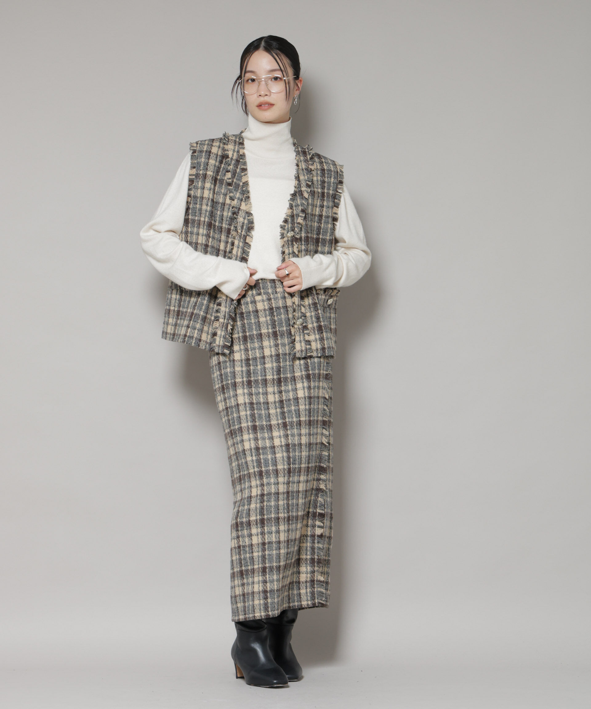 nano･universe「チェックフリンジ金ボタンジレ(セットアップ可)」|テーラードジャケット|