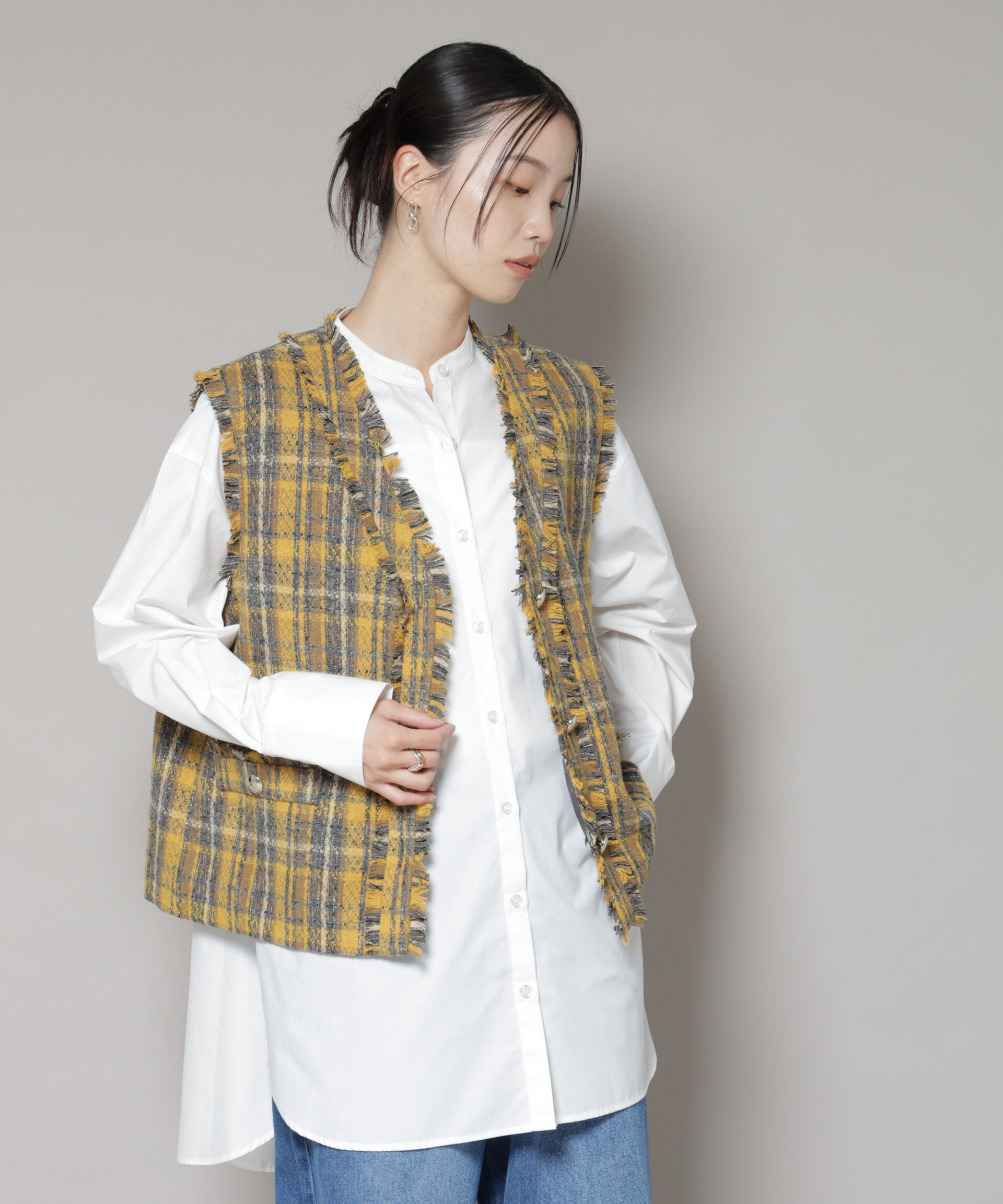 nano･universe「チェックフリンジ金ボタンジレ(セットアップ可)」|テーラードジャケット|