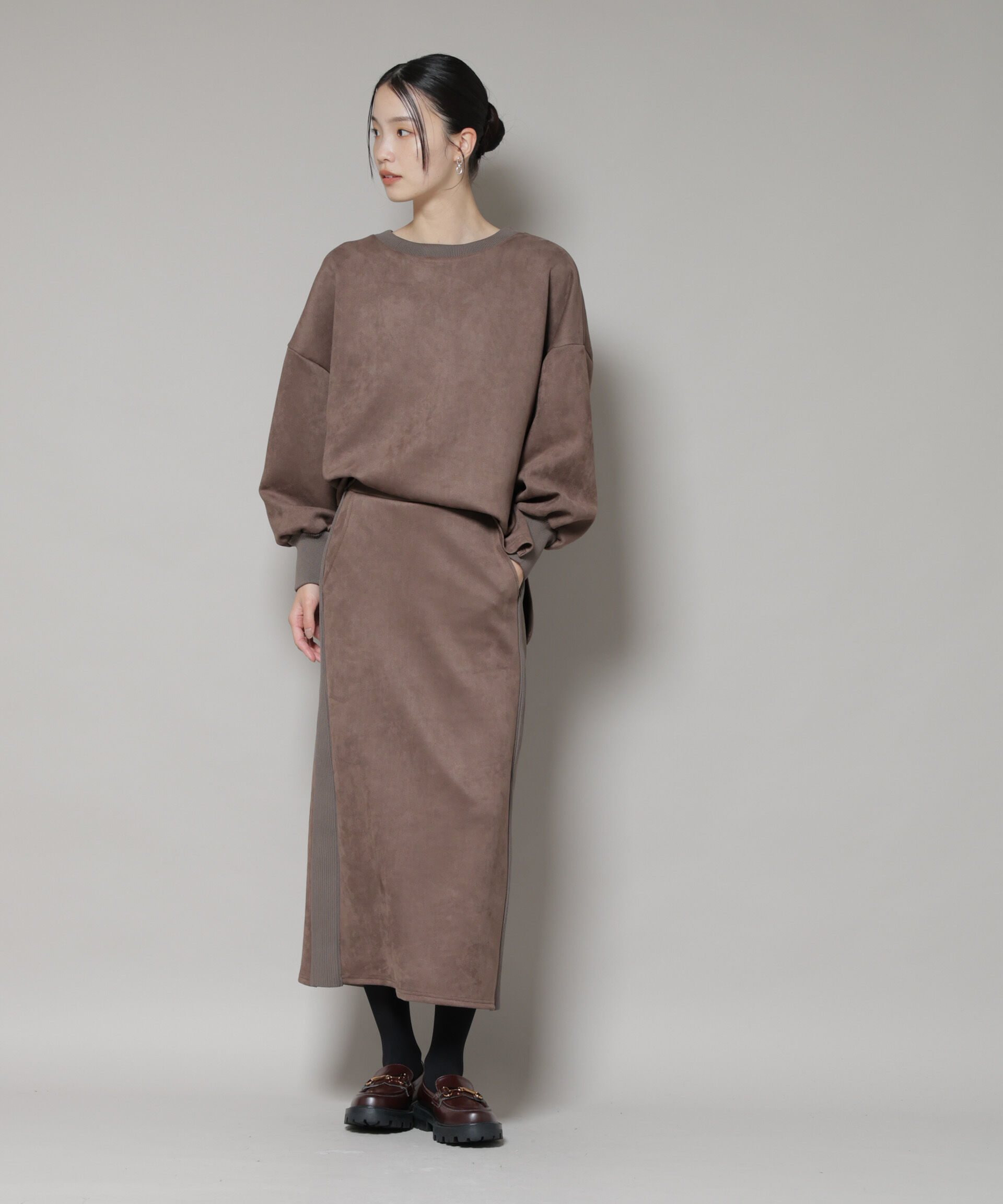 nano･universe「カットスエードサイドニットラインナロースカート(セットアップ可)」|スカート|