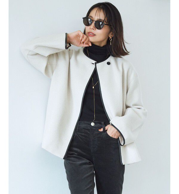 23区「コンプレストパイル ノーカラー アウター」|テーラードジャケット|ベージュ系