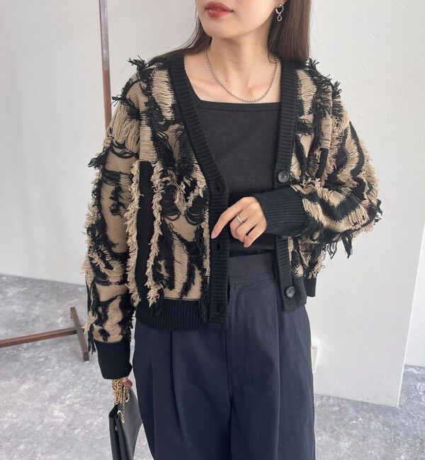 fredy emue「カットフリンジジャガード2WAY カーディガン」|ニット・セーター|ブラウン系その他