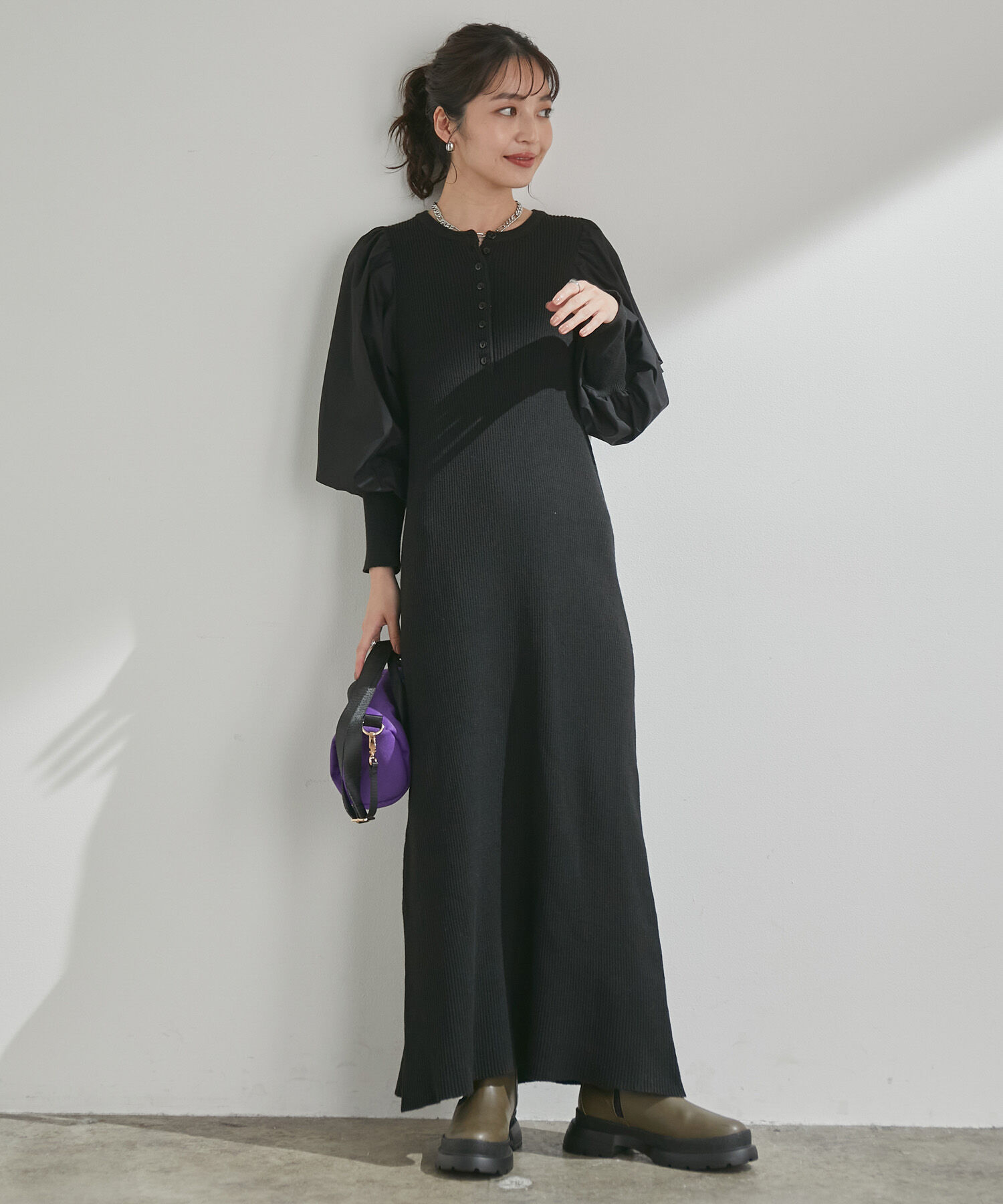 VIS「＜追加＞【一部カラー公式サイト・直営店舗限定】ボリュームスリーブ釦アクセントAラインニットワンピース」|ワンピース|