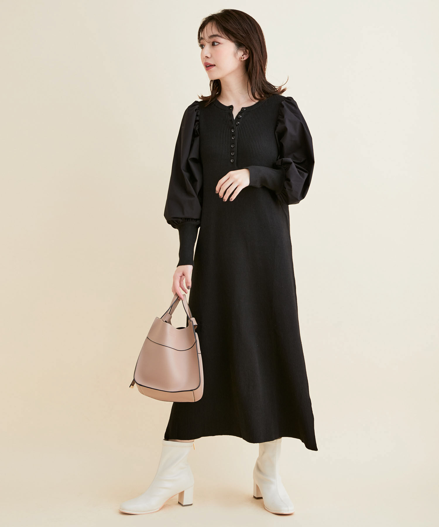 VIS「＜追加＞【一部カラー公式サイト・直営店舗限定】ボリュームスリーブ釦アクセントAラインニットワンピース」|ワンピース|
