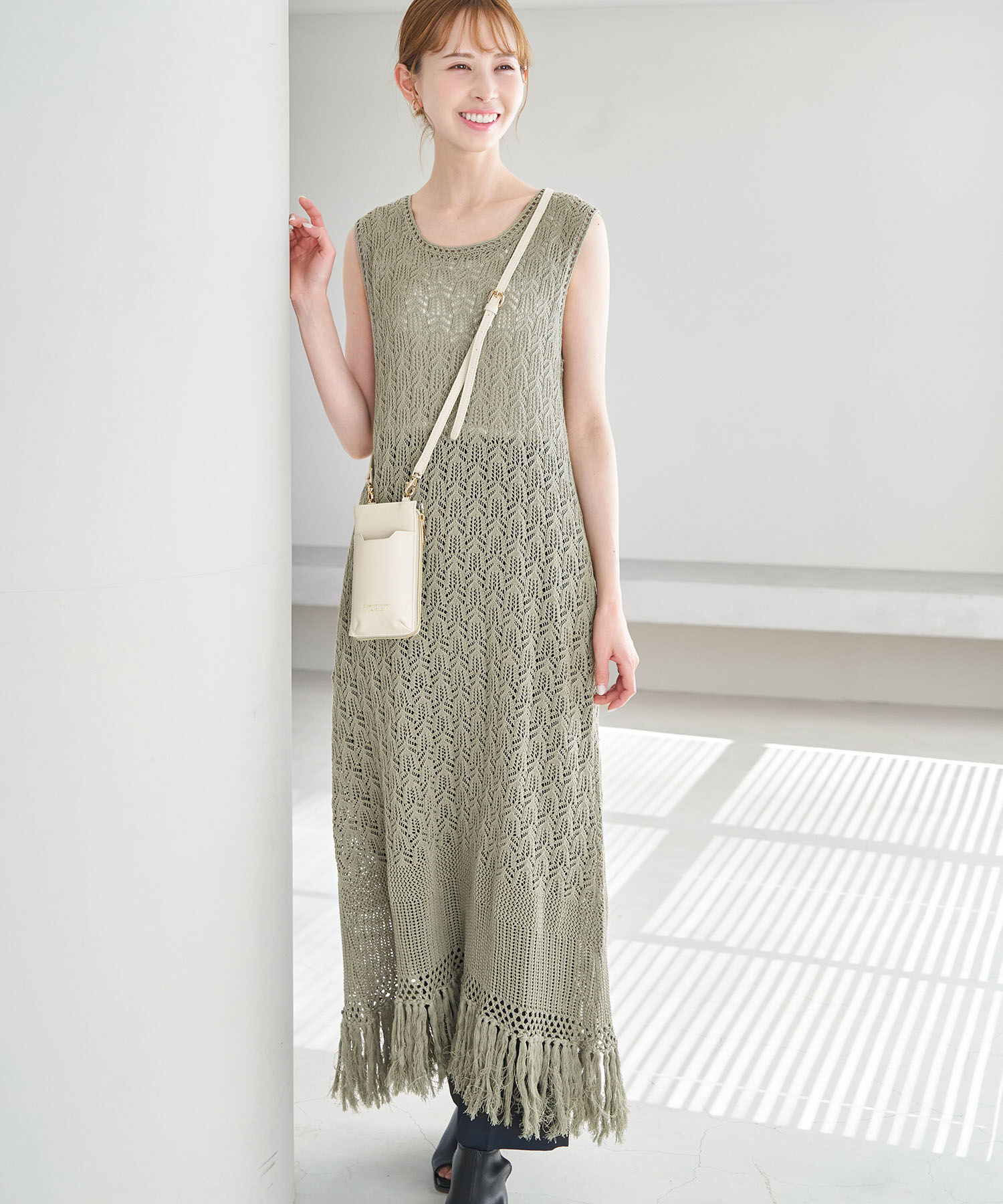 Rope&rsquo;Picnic「フリンジ付きニットワンピース」|ワンピース|カーキ(36)