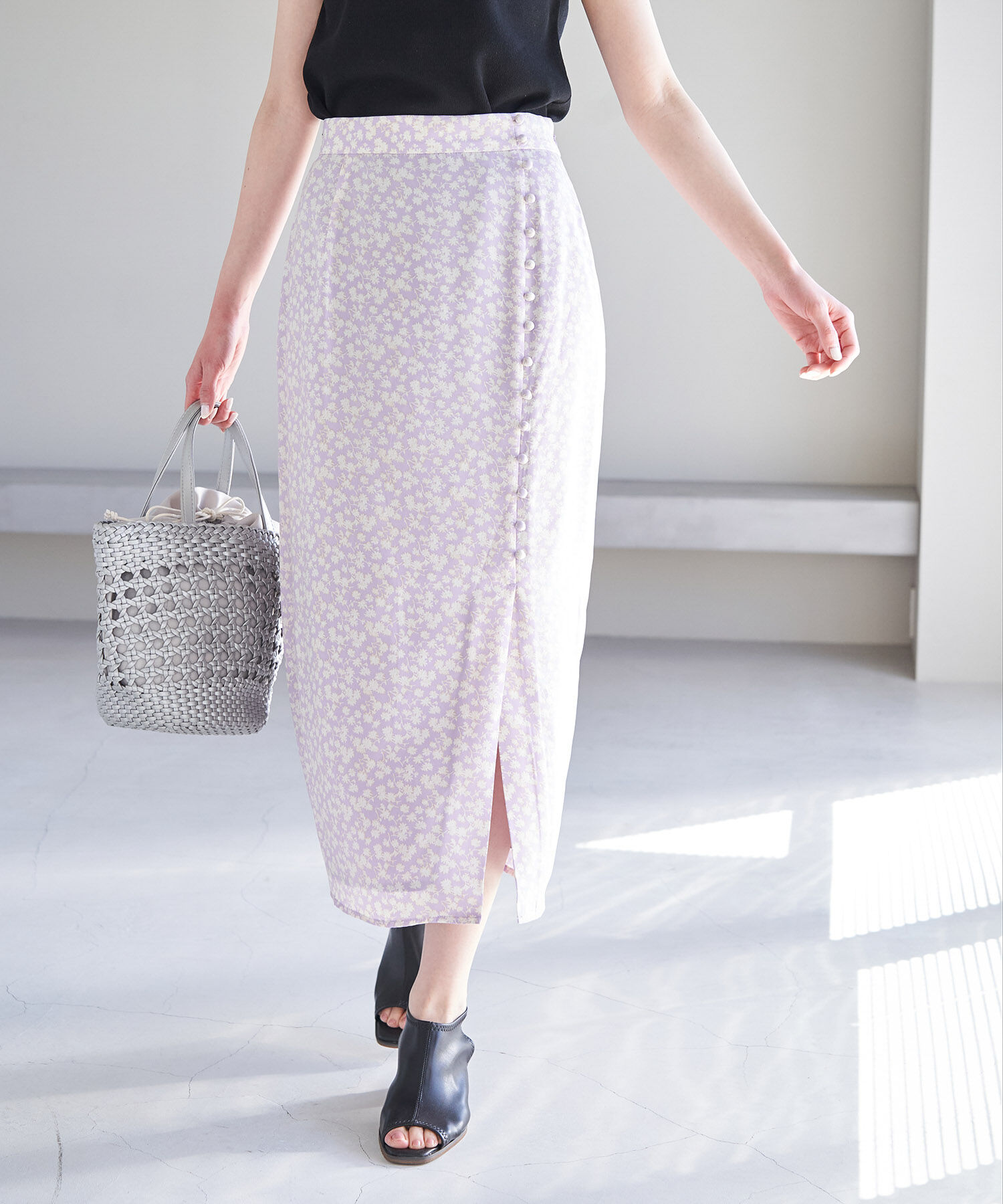 Rope&rsquo;Picnic「フラワープリントくるみ釦ラップスカート」|スカート|ラベンダー(52)