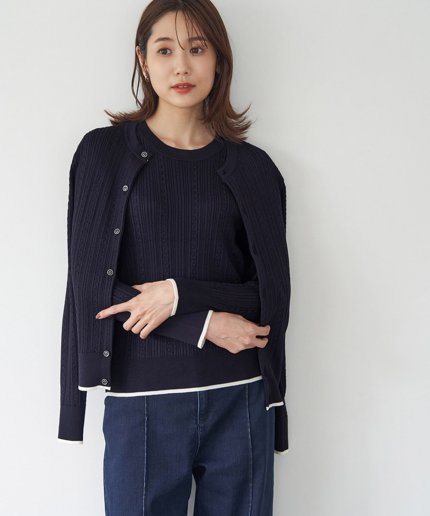 Rope&rsquo;Picnic「洗濯機OK・リンクコーデ/BIO GRACEミニケーブルニットカーディガン」|カーディガン|