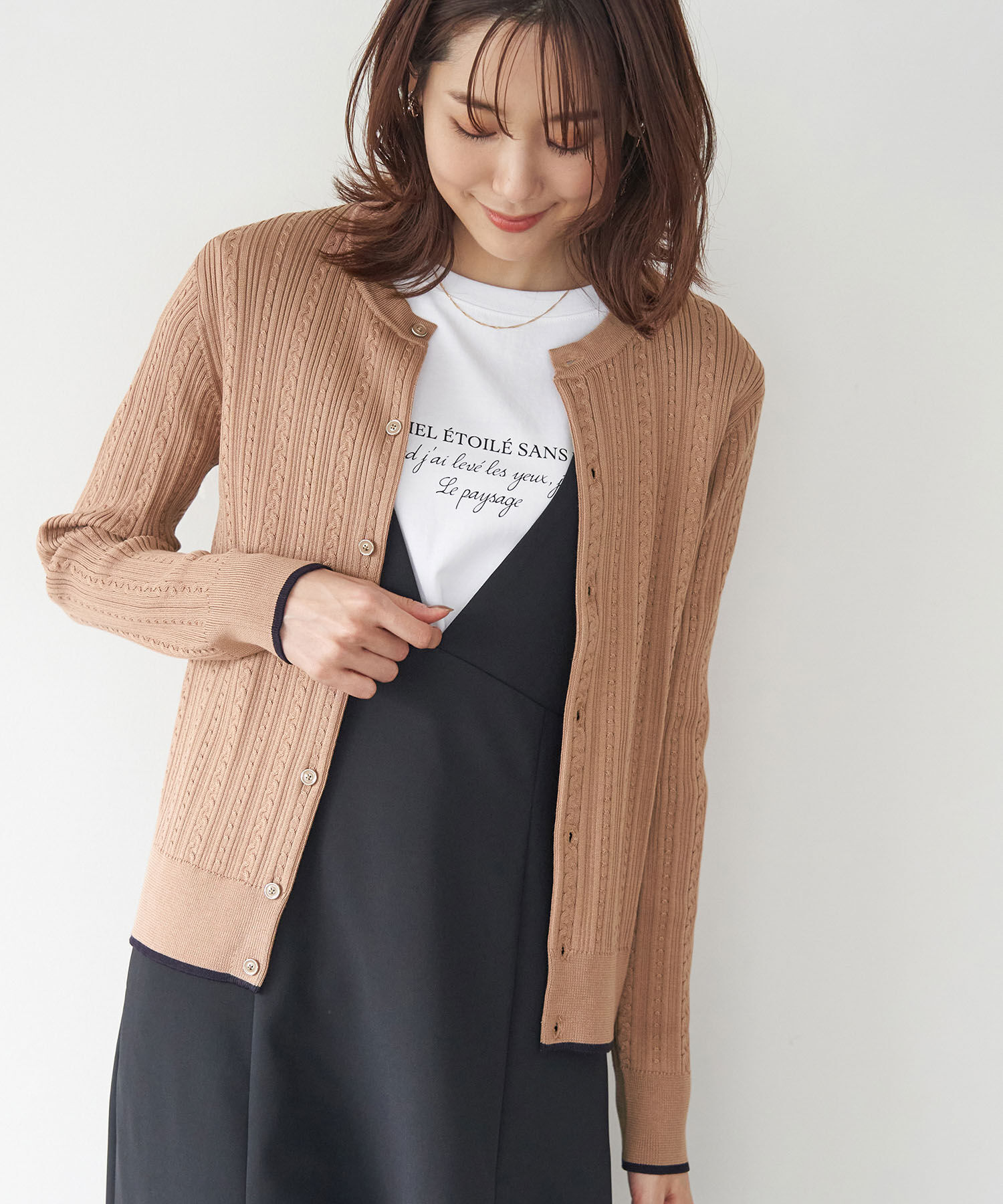 Rope&rsquo;Picnic「洗濯機OK・リンクコーデ/BIO GRACEミニケーブルニットカーディガン」|カーディガン|キャメル(25)