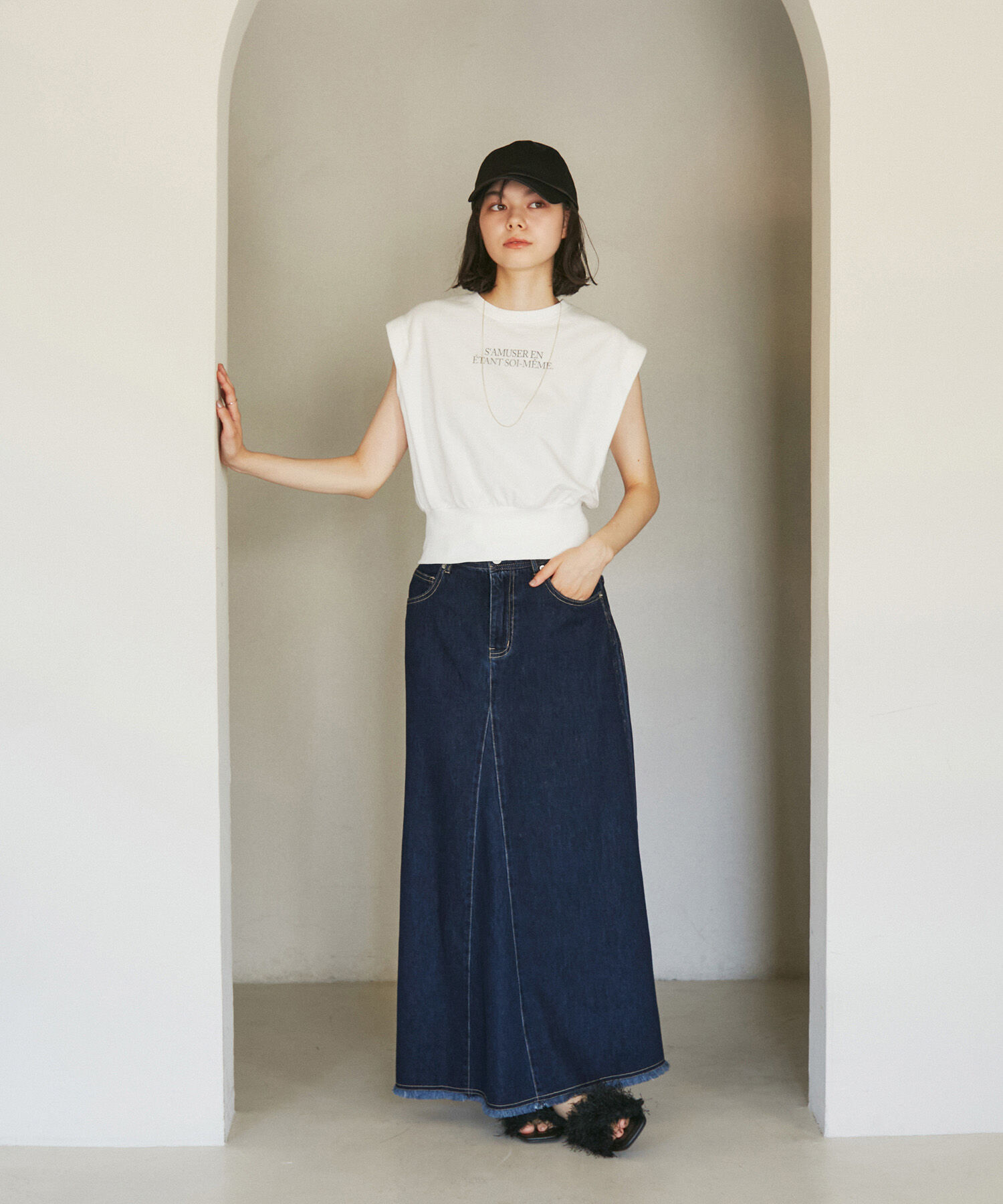 Rope&rsquo;Picnic「【3サイズ展開】セミフレアロング箔プリントデニムスカート」|スカート|