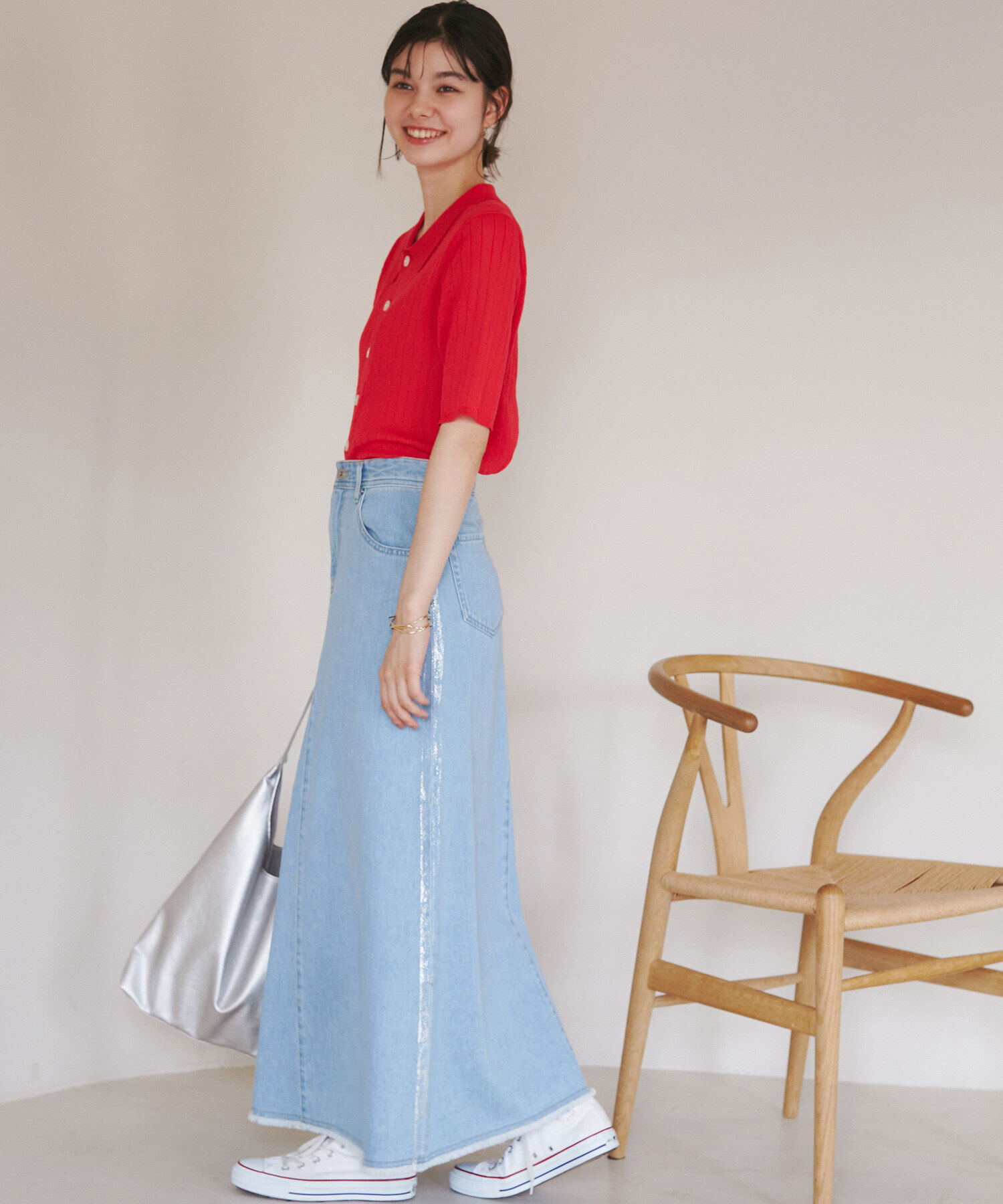 Rope&rsquo;Picnic「【3サイズ展開】セミフレアロング箔プリントデニムスカート」|スカート|