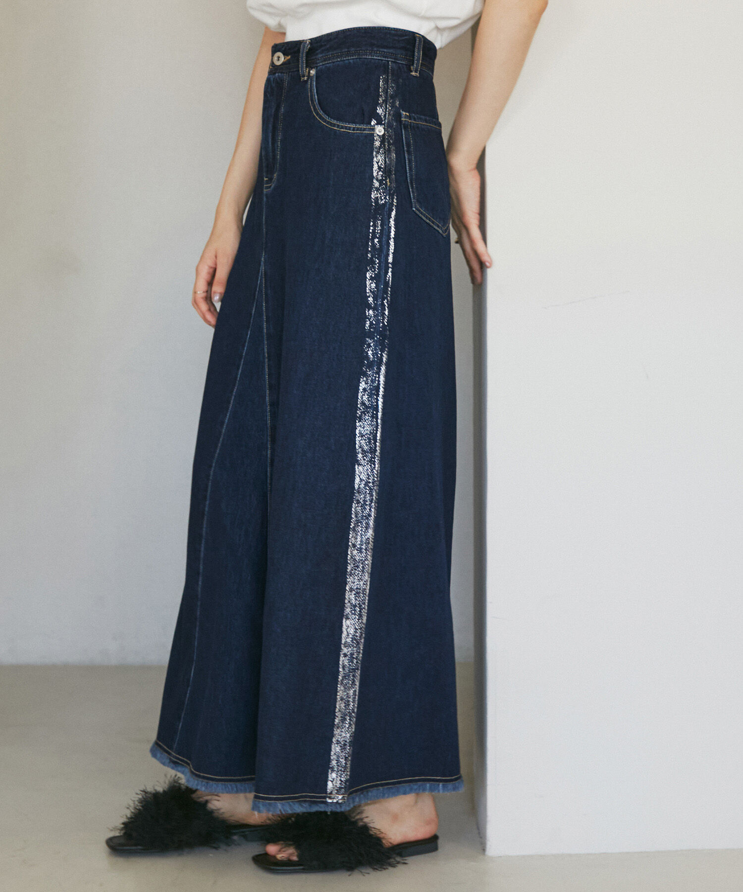 Rope&rsquo;Picnic「【3サイズ展開】セミフレアロング箔プリントデニムスカート」|スカート|