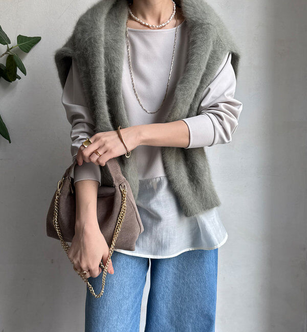  「裾シアー切替ジョーゼットTEE」|Tシャツ・カットソー|グレージュ