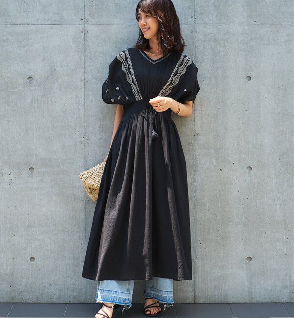  「《綿100％・一枚で着映え》刺繍ウエストシャーリングワンピース」|その他|