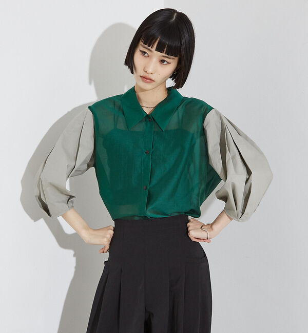 NOMINE「【セットアップ着用可】シアー コンビ5分袖 襟付きシャツ」|シャツ・ブラウス|グリーン