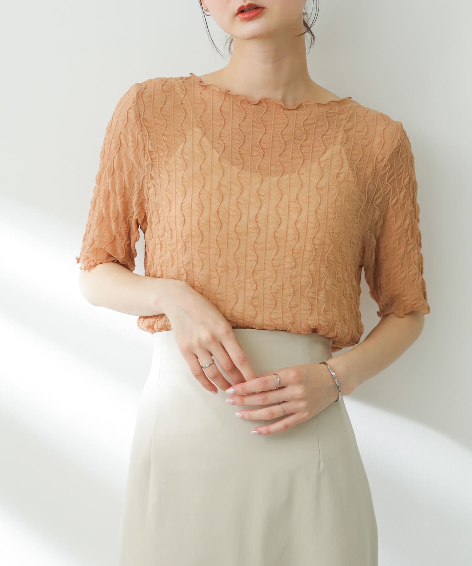 SENSE OF PLACE by URBAN RESEARCH「ウェーブパターンシアートップ(5分袖)」|Tシャツ・カットソー|ベージュ