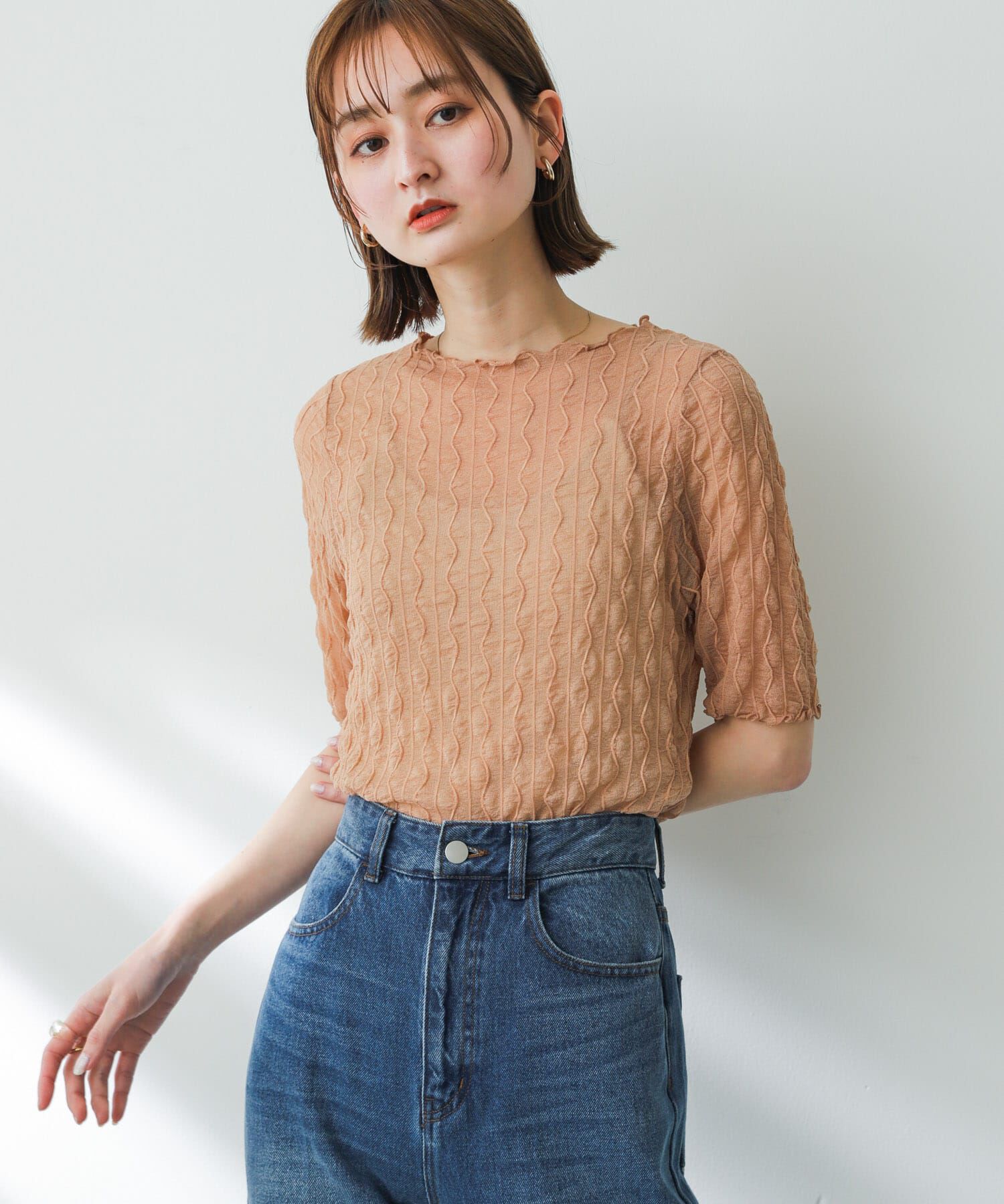 SENSE OF PLACE by URBAN RESEARCH「ウェーブパターンシアートップ(5分袖)」|Tシャツ・カットソー|