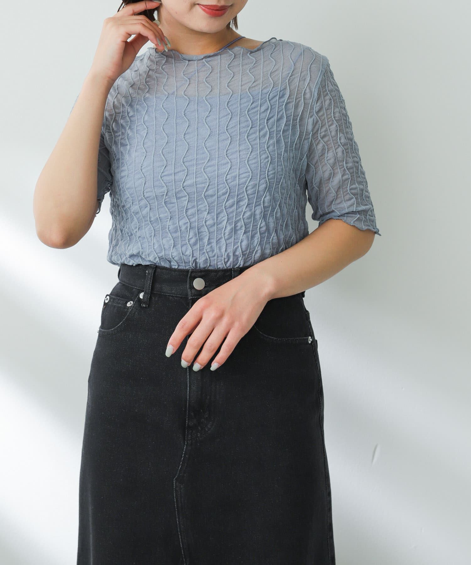 SENSE OF PLACE by URBAN RESEARCH「ウェーブパターンシアートップ(5分袖)」|Tシャツ・カットソー|