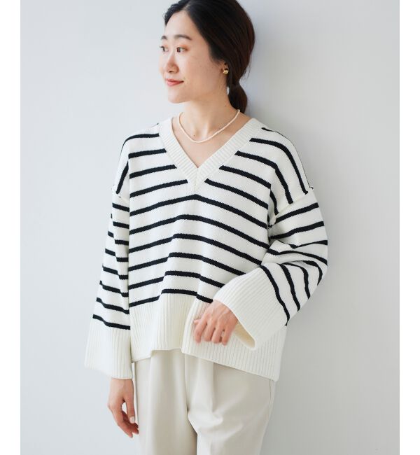 le.coeur blanc「ボーダーワイドシルエットVネックニット」|ニット・セーター|