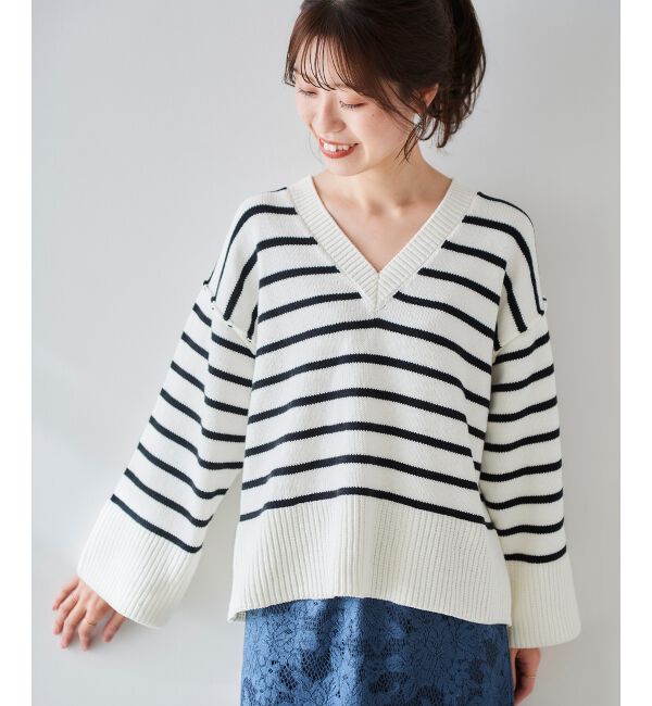 le.coeur blanc「ボーダーワイドシルエットVネックニット」|ニット・セーター|