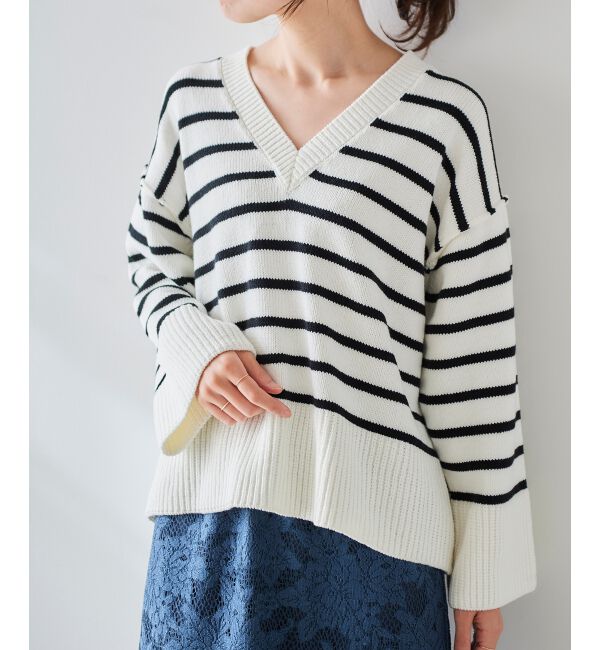 le.coeur blanc「ボーダーワイドシルエットVネックニット」|ニット・セーター|