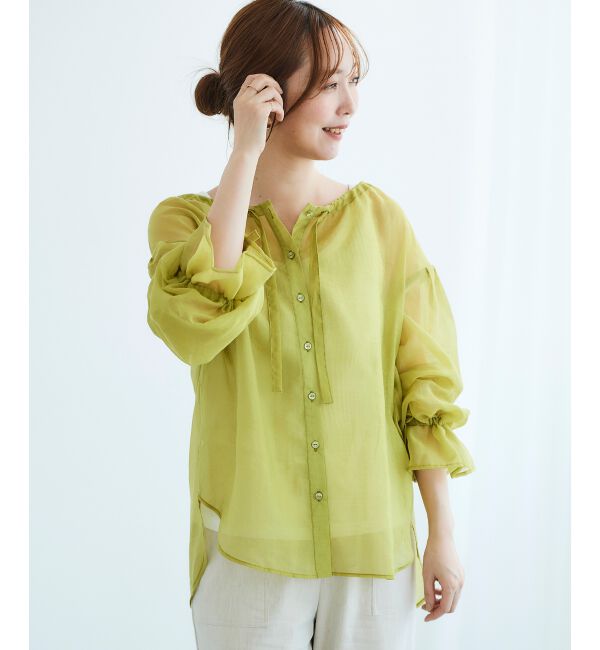 le.coeur blanc「《手洗い可能》シアーギャザーリボンブラウス」|シャツ・ブラウス|