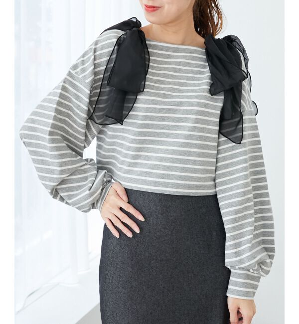 MAJESTICLEGON「ボーダー肩リボントップス」|Tシャツ・カットソー|