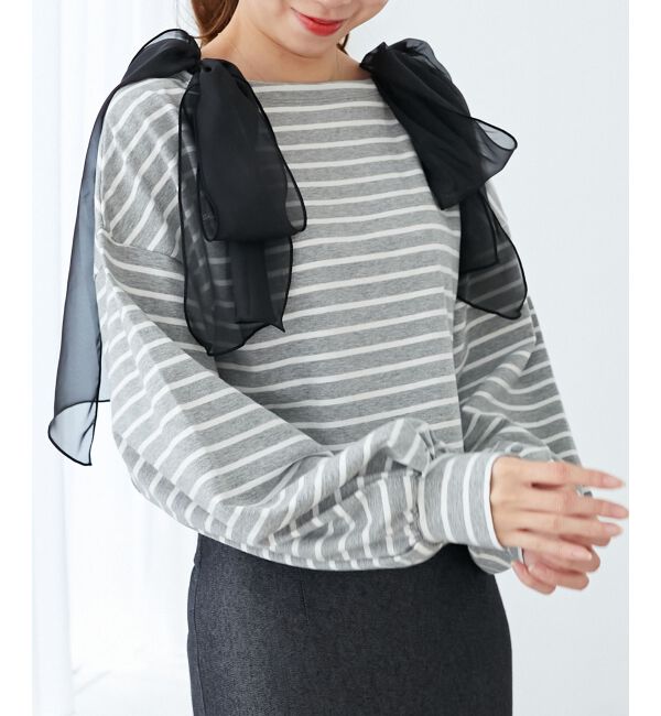 MAJESTICLEGON「ボーダー肩リボントップス」|Tシャツ・カットソー|