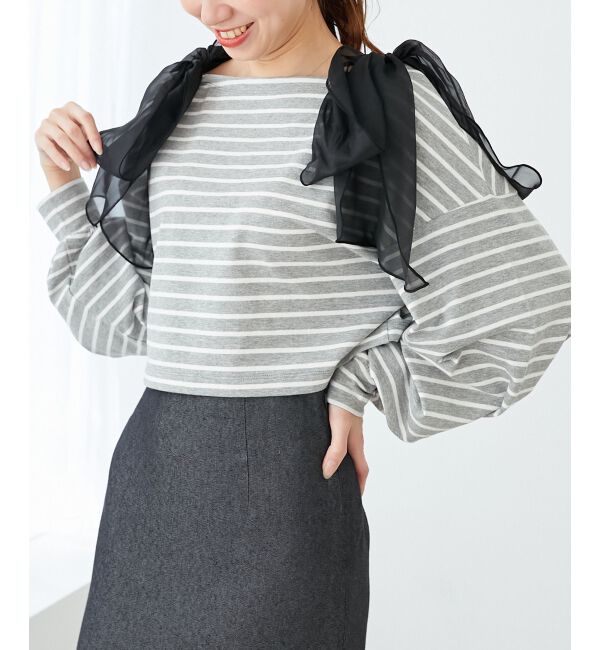 MAJESTICLEGON「ボーダー肩リボントップス」|Tシャツ・カットソー|