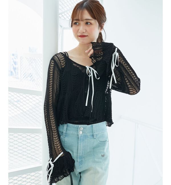  「キャミセットレーシー長袖カーデ」|カーディガン|