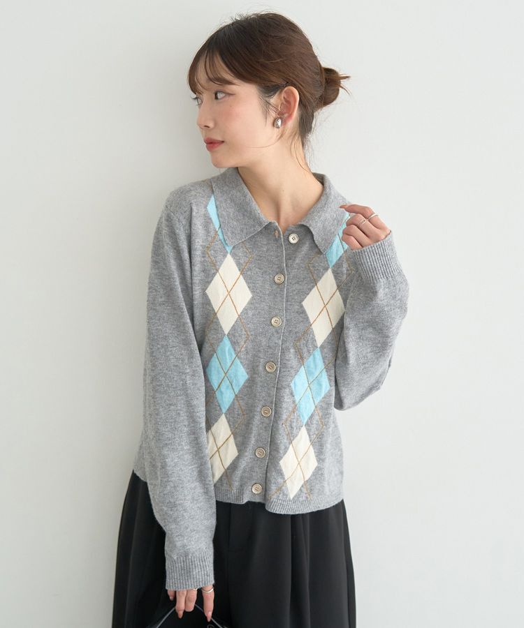 earth music&ecology「襟付きアーガイルニットカーディガン」|カーディガン|