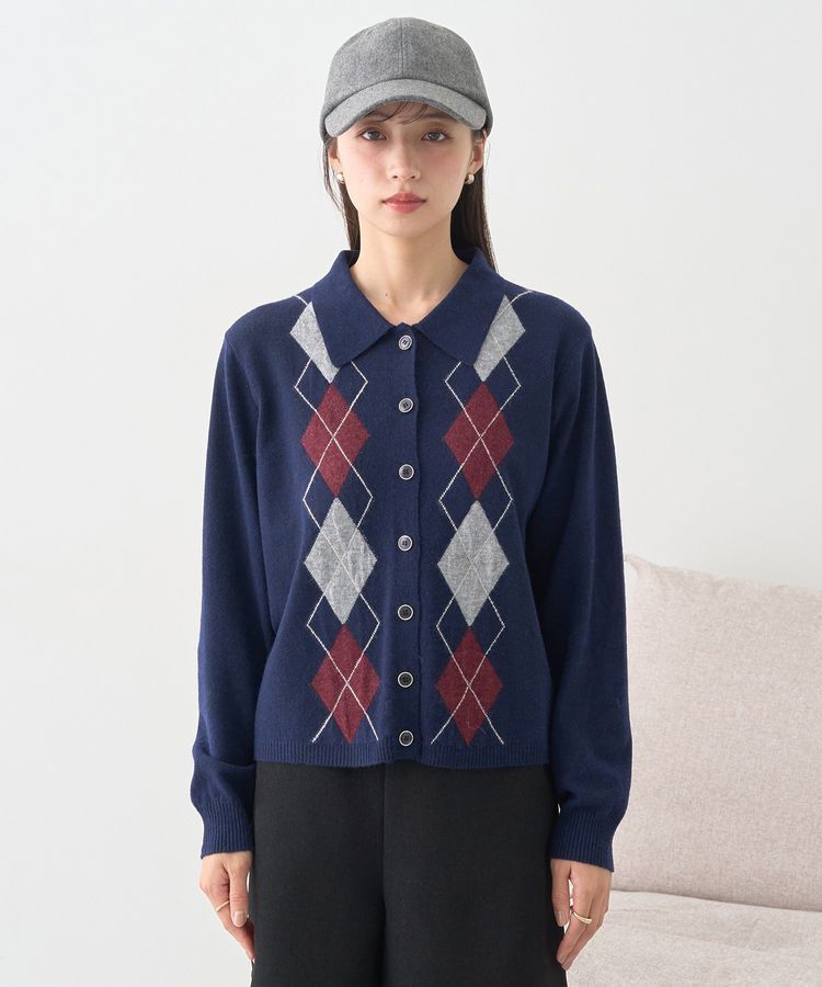 earth music&ecology「襟付きアーガイルニットカーディガン」|カーディガン|