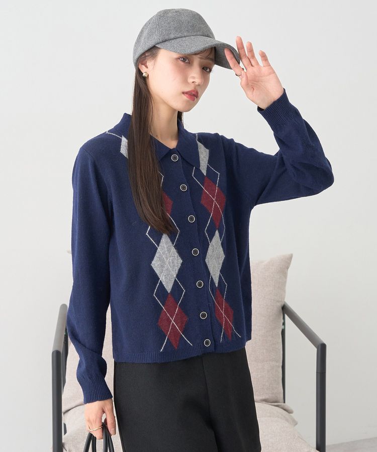earth music&ecology「襟付きアーガイルニットカーディガン」|カーディガン|