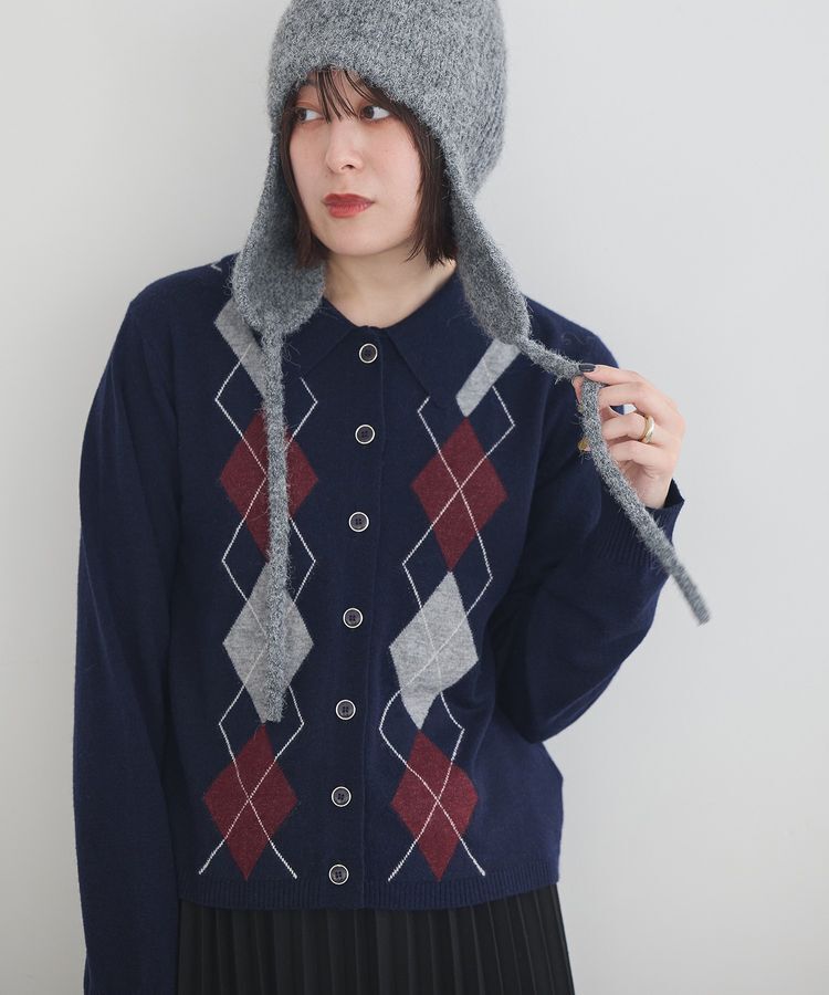 earth music&ecology「襟付きアーガイルニットカーディガン」|カーディガン|