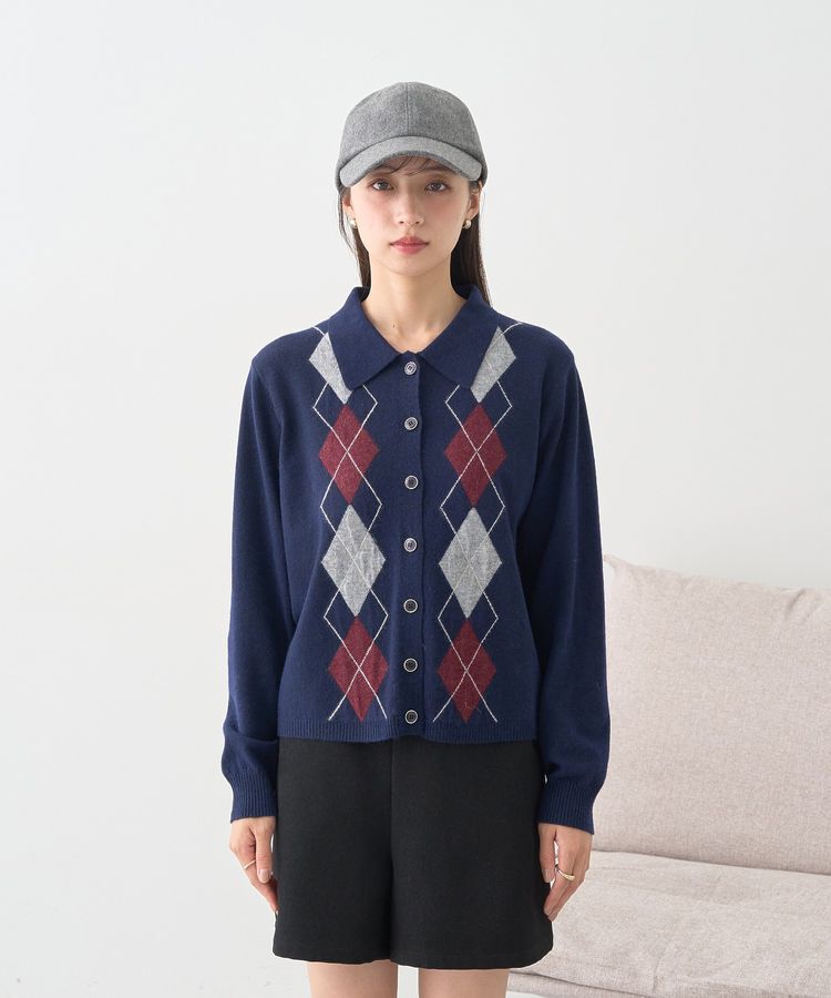 earth music&ecology「襟付きアーガイルニットカーディガン」|カーディガン|