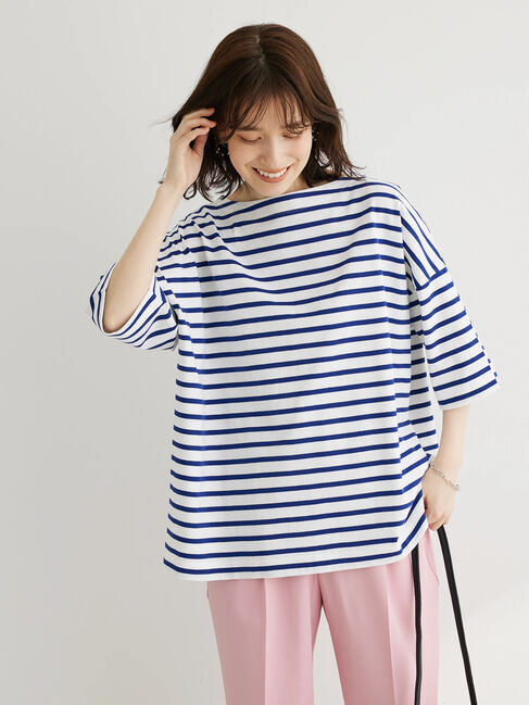  「ボーダーボートネック7分袖プルオーバー」|Tシャツ・カットソー|