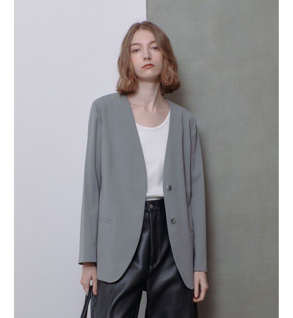 allureville「エトリアシャンブレーカラーレスジャケット」|ノーカラージャケット|グレー