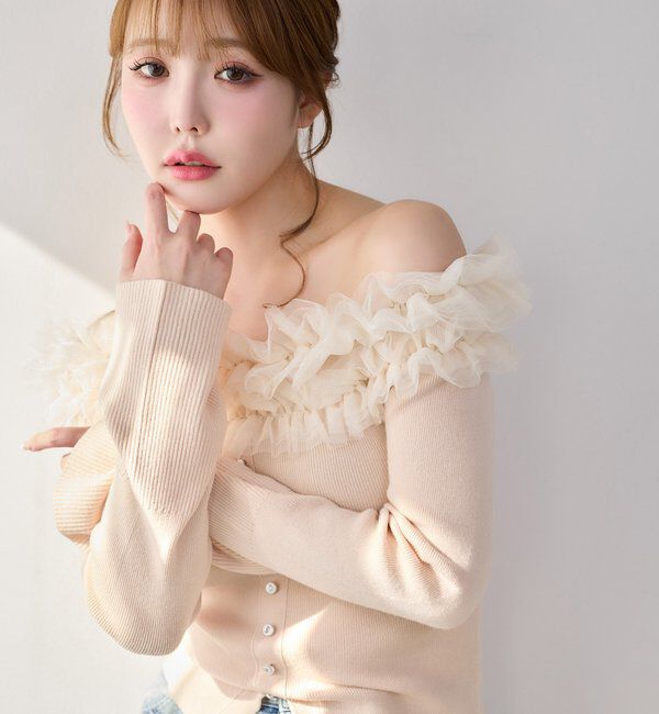  「チュールフリルオフショルニット」|ニット・セーター|ピンク