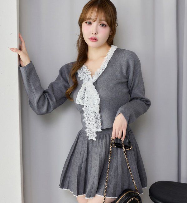  「レースボウタイニットセットアップ」|ワンピース|グレー