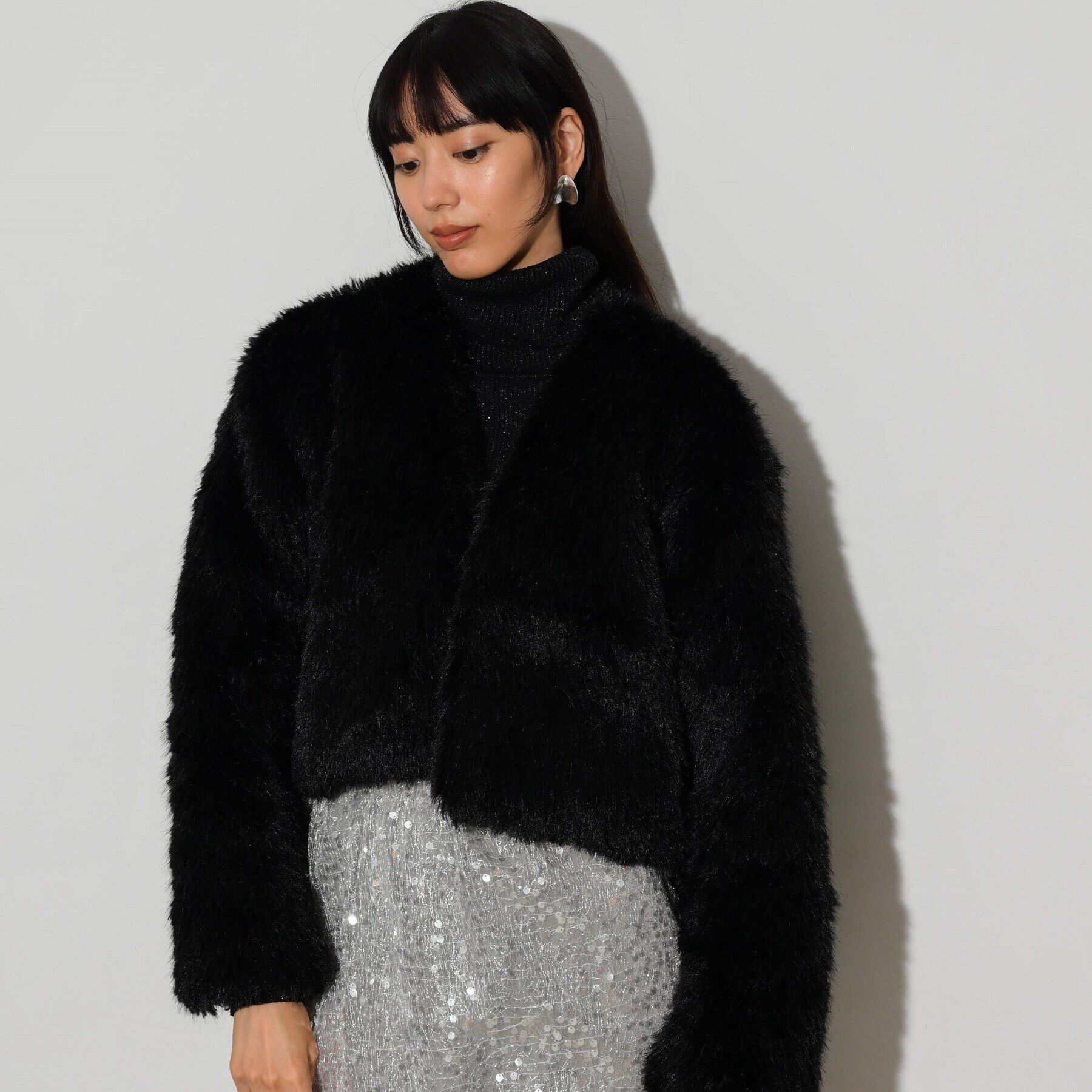 GALLEST「フェイクファーボレロジャケット」|ノーカラージャケット|ブラック(019)