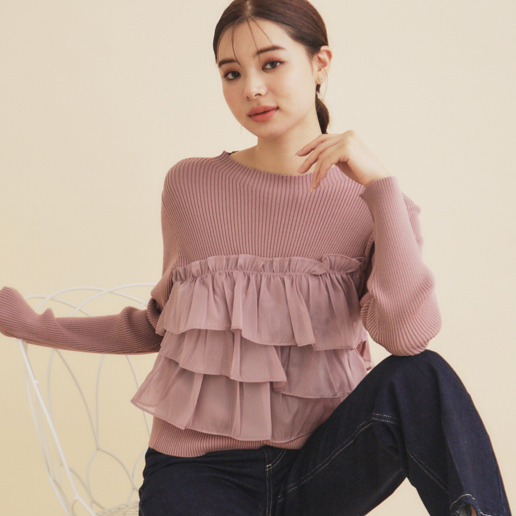 index「フリルギャザードッキングリブニット【洗濯機洗い可/抗ピル】」|ニット・セーター|ピンクベージュ(85