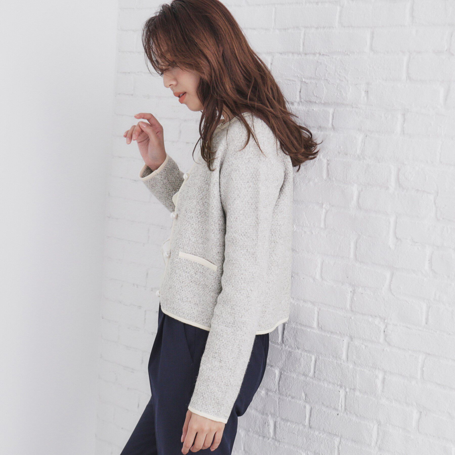 index「パール調ツイードライクノーカラーカーディガン/セットアップ対応【洗濯機洗い可】」|カーディガン|